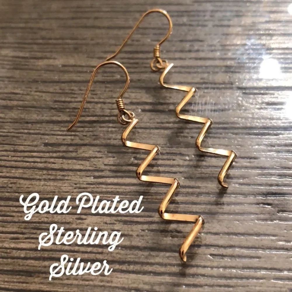 Vintage Gold Plated Sterling Silver Zig-Zag Dangle Earrings